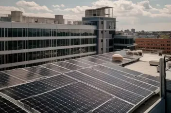 Commercial building rooftop with solar panels generating clean renewable energy.