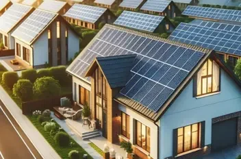 Residential neighborhood with houses using rooftop solar panel systems for clean energy.