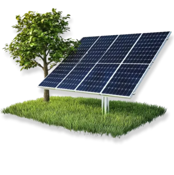 Solar panel installed on ground near tree, generating clean renewable energy.