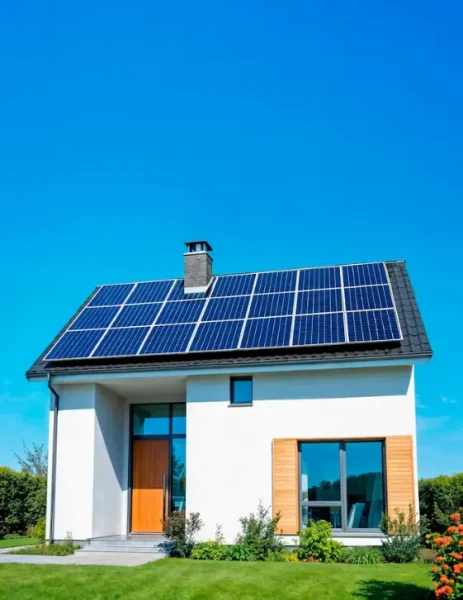 Modern house with rooftop solar panels installed for clean renewable energy.