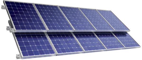 Blue photovoltaic solar panels mounted on a metal frame for renewable energy generation.